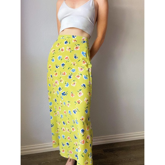 Vintage Lime Green Floral Print High Waist Maxi Slip Skirt - Picture 4 of 6
